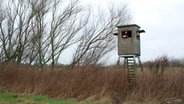 Zwei Personen schauen aus einem Hochstand inmitten einer winterlichen, kargen Landschaft. © NDR 