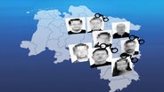 Grafik mit den Umrissen des Landes Niedersachsen und acht Fotos von mutmaßlichen Putschisten. © NDR 