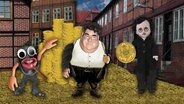 Comicartige Darstellung: Drei Figuren vor Geldberg (Szene aus "Heimatkunde"-Video)  