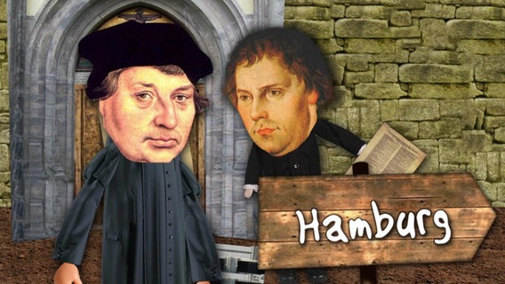Die Reformatoren Johannes Bugenhagen und Martin Luther als Trickfiguren vor einem Hamburg-Schild  