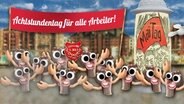 In einer Animation protestieren Faust-Figuren am 1. Mai für den Achtstundentag  