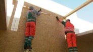 Zwei Arbeiter bauen eine Holzwand auf  