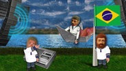 Gezeichnete Figuren und die Brasilianische Flagge.  