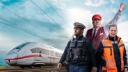 Collage: Neben einem fahrenden ICE und vor norddeutschem Himmel stehen ein Bundespolizist, ein Bahn-Beschäftigter der Gleisaufsicht und eine Triebfahrzeugführerin. (Bei der Herstellung der Grafik wurde in Teilen KI genutzt.) © NDR/Kamera Zwei/Noah Siegert 