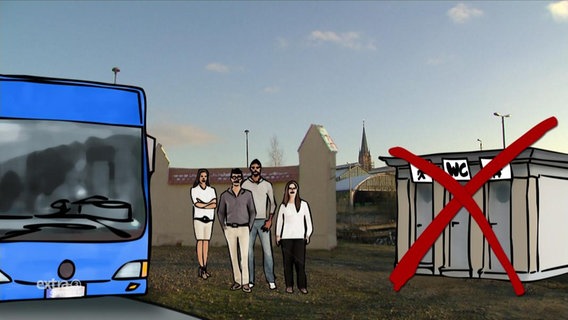 Eine Animation zeigt 4 Personen, einen Bus und ein Klohäusschen neben einer Mauer.  