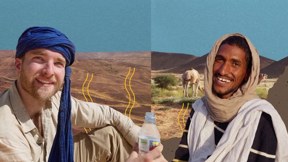 Fotomontage: Filmemacher Samuel Häde (links) sitzt neben dem studierten Geologen Mohammed, der ihm in Mauretanien als Übersetzer hilft. © NDR/Jonathan Auch 