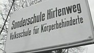 Ein Schild auf dem steht: Sonderschule Hirtenweg - Volksschule für Körperbehinderte.  