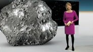 die Moderatorin Marietta Slomka steht neben einem Meteorit.  