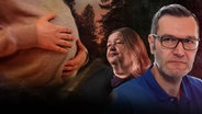 Bildcollage: Eine schwangere Frau hält sich den Bauch, daneben die Verurteilten Christine Schwenke und Michael Schwenke. Im Hintergrund ein Wald in der Dämmerung. © Bewegte Zeiten Filmproduktion/Freepik 