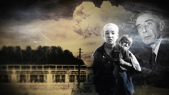 Montage: Zwei japanische Kinder der Physiker Robert Oppenheimer vor einem Atompilz. © picture alliance/dpa | Nagasaki Atomic Bomb Museum, Everett Collection, John Rooney Foto: Nagasaki Atomic Bomb Museum, Everett Collection, John Rooney