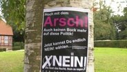 Plakat der Nein-Partei an einem Baum "Hoch mit dem Arsch!..."  