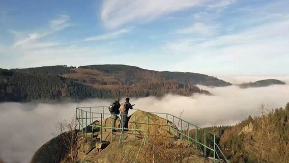 Zwei Wanderer stehen auf einer Klippe über dem Okertal.  
