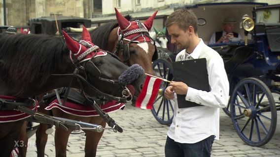 Tobias Schlegl hält eine kleine Österreich-Flagge, an der ein Pferd knabbert.  