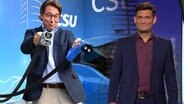 Verkehrsminister Andreas Scheuer mit Ladekabel für E-Autos und Christian Ehring.  