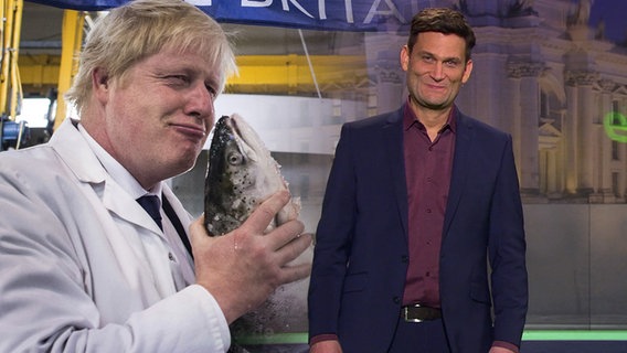 Boris Johnson mit einem Fisch in den Händen und Christian Ehring  