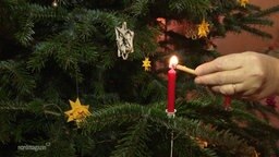 Aus nächster Nähe ist zu sehen, wie jemand eine Kerze an einem Weihnachtsbaum anzündet.