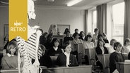 Mädchenklasse im Unterrichtsraum, im Vordergrund ein Skelett (1965)  