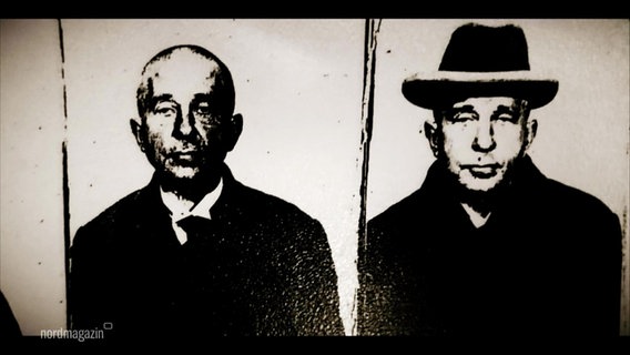 Polizeiliche Fotografie von Adolf Seefeld. Links ohne Hut, recht mit Hut.  