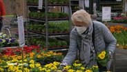 Ein Frau beugt sich über Blumen, die zu verkaufen sind.  