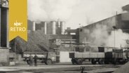 Trecker mit Hängern stehen vor der Anlieferung an einer dampfenden Zuckerfabrik (1964)  