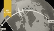 Globus (Karte) mit eingezeichneter Polarflugroute Kopenhagen - Los Angeles (1964)  