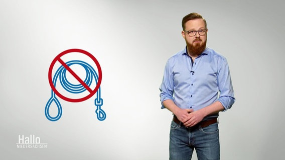 Ein Piktogramm, das eine durchgestrichene Hundeleine zeigt. Daneben ein Reporter, der die Thematik erklärt.  