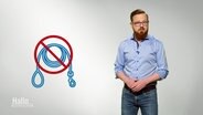 Ein Piktogramm, das eine durchgestrichene Hundeleine zeigt. Daneben ein Reporter, der die Thematik erklärt.  