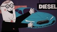 Eine animierte Figur in einem Autohaus vor einem Dieselfahrzeug.  