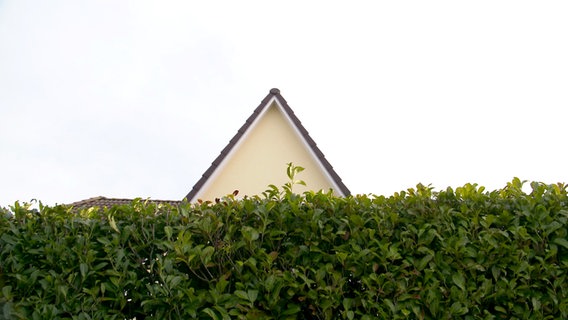 Die Spitze eines Hauses ragt über einer Hecke hinaus.  