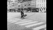 Mann geht mit Blindenhund über einen Zebrastreifen.  