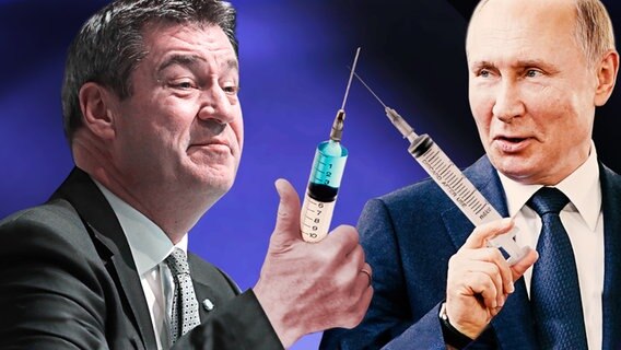 Söder und Putin mit Impfspritzen.  