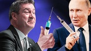Söder und Putin mit Impfspritzen.  