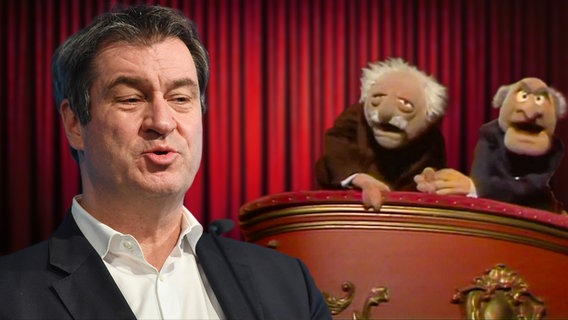 Markus Söder, daneben Waldorf & Stattler von den Muppets  