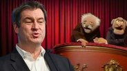 Markus Söder, daneben Waldorf & Stattler von den Muppets  