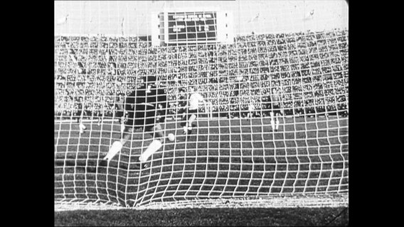 Blick durch ein Fußballtor auf die Publikums-Tribüne.  