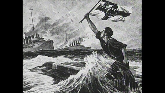 Eine Person kommt heroisch aus einer Welle hervor und schwingt die deutsche Reichsflagge.  