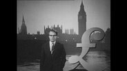 Ein Reporter steht vor dem Symbol des britischen Pfund. © Screenshot 