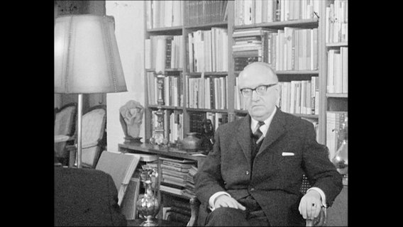 Professor Hallstein sitzt vor einem Bücherregal.  