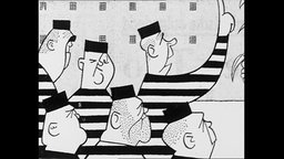 Karikatur von Wolfgang Hicks, die Sträflinge in gestreifter Kleidung zeigt.  