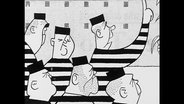 Karikatur von Wolfgang Hicks, die Sträflinge in gestreifter Kleidung zeigt.  