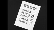 Stimmzettel mit der Auflistung Partei A, B, C, D, E  