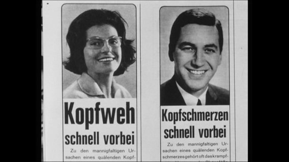 Arzneimittelwerbung mit der Aufschrift "Kopfweh schnell vorbei"  