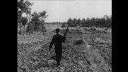 Ein Mann mit einem Gewehr läuft über ein Feld  