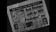 Titelseite des 5-Uhr-Blattes mit der Aufschrift "Auch Kiesinger stellt der NPD Persilschein aus"  