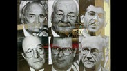 Eine Porträt-Collage in schwarz-weiß von Mitgliedern der Düsseldorfer Herrenrunde.  