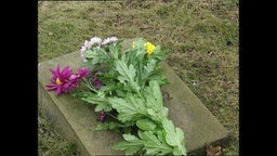 Bunte Blumen liegen auf einem Grabstein.  