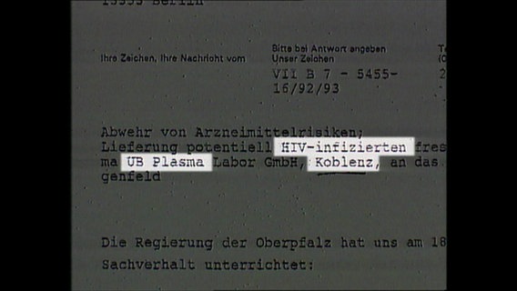 Ein zum Teil geschwärzter Briefaussschnitt über den Zusammenhang zwischen Aids-Erkankungen und Blutplasma  