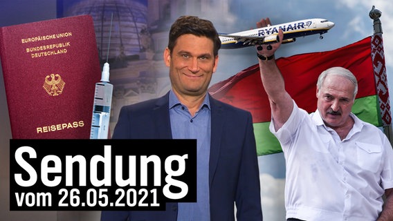 Christian Ehring umgeben von einem deutschen Pass, einer Impfnadel und Lukaschenko mit einem Ryanair-Flugzeug in der Hand.  