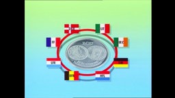 Eine Grafik zeigt eine ECU-Münze, die von Landesflaggen umrahmt wird.  