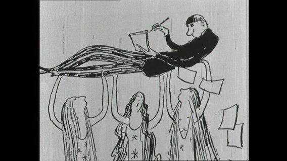 Karikatur des weltfremden "Schöngeists", der von drei Diven auf Händen getragen ein Buch liest und einen Griffel in der Hand hält (1964)  